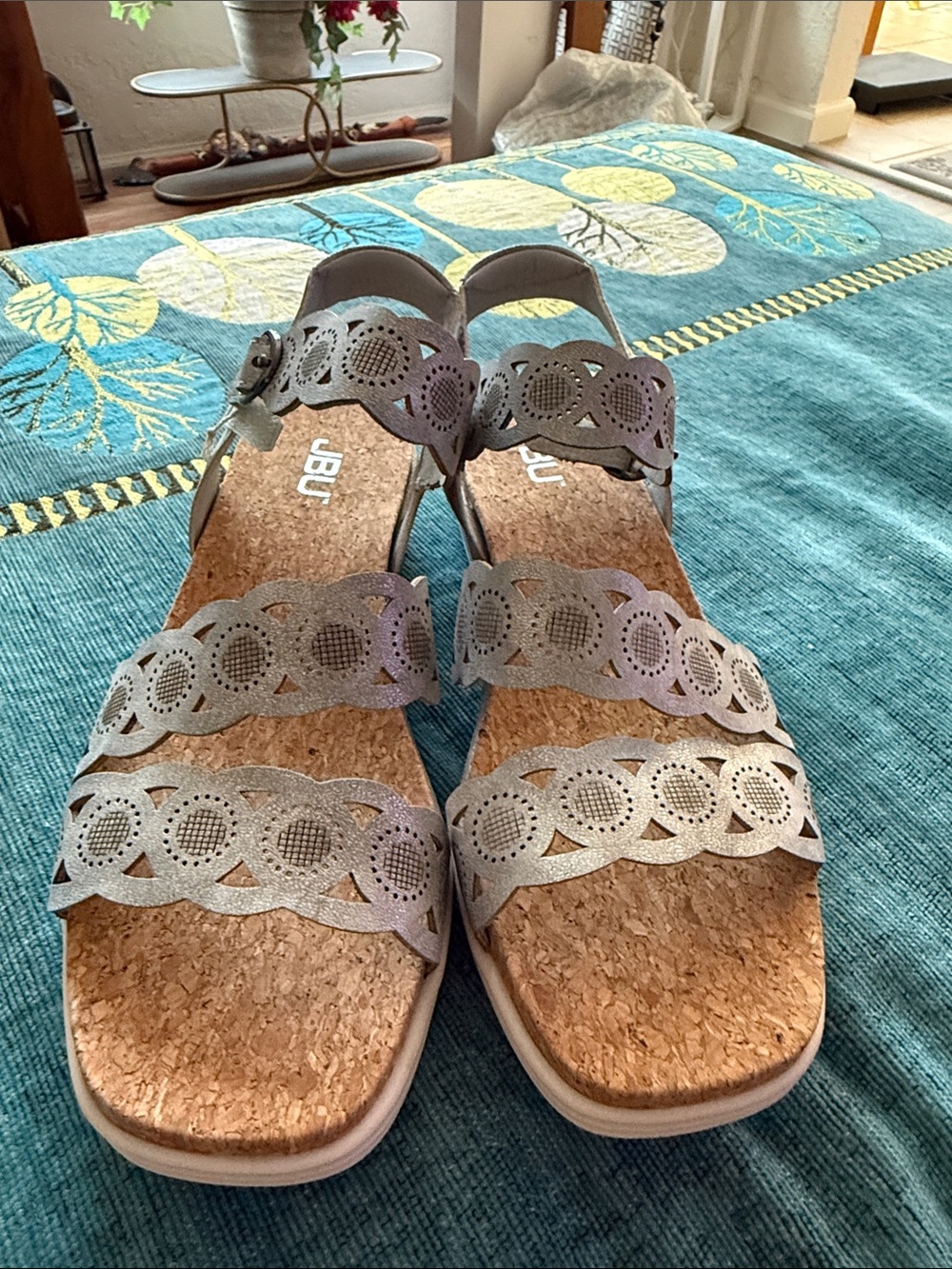 JBU Women’s Metallic Silver Laser-Cut Cork Sandals